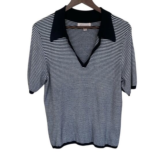 Philosophy Black and White Striped Collared Sweater - Large - Picture 1 of 5